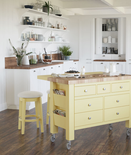 Kitchen island + coffee station.